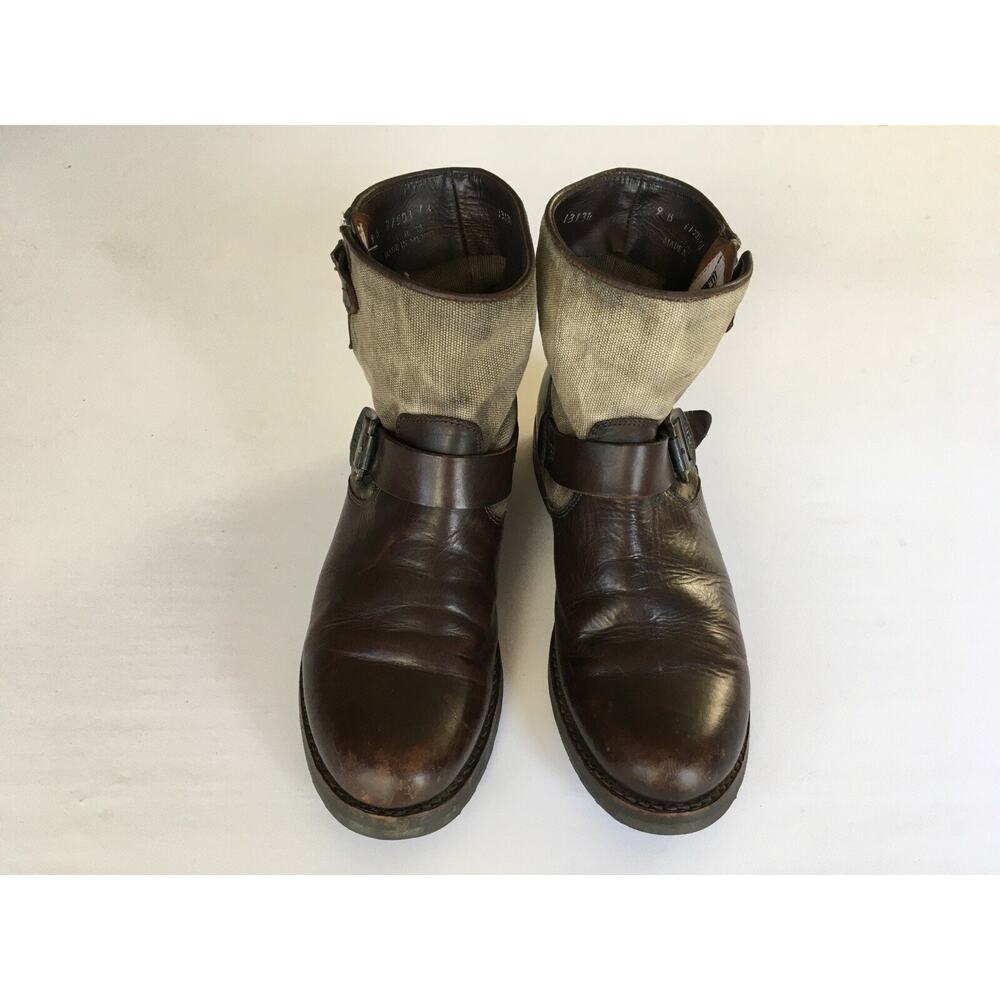 Frye Women's Brown Leather Canvas Low Buckle Ankle Boot Size 9B Grunge Biker